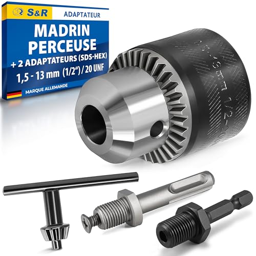 S&R Adaptateur SDS-Plus Mandrin Perceuse 1.5-13 mm 1/2-20 UNF avec Clé de Serrage