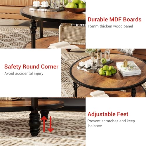 OPULENTHOME Großer Couchtisch, rund, aus Massivholz, Wohnzimmertisch im Vintage-Stil, 2 Ebenen, Beistelltisch mit Säulenfüßen, für Wohnzimmer, Büro, 72 x 72 x 48 cm – Bild 8