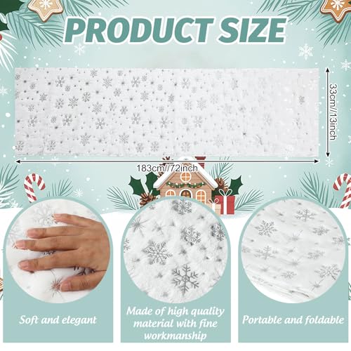 FYSUIMU Christmas Soft Plush Faux Fur Table Runner White Silver Snowflakes Glitter Printed Xmas Kitchen Dining Table Decoration for Winter Holiday Home Party Decor, 13 x 72 Inch