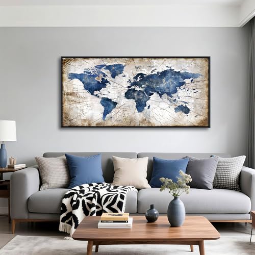 Image of World Map Canvas Wall Art Navy World Maps for Wall Vintage Modern Wall Art for Office Framed Pictures for Living Room Bedroom Wall Decoration for Home Office Decor Artwork for Walls 24x48IN