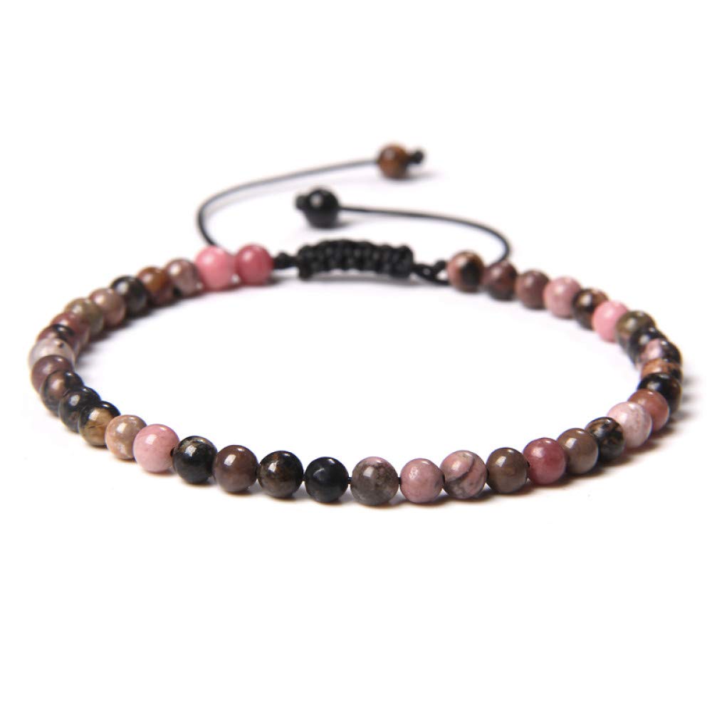 YONGHONGKEJI Natural Gemstone Crystal Bracelet For Women, 4Mm Rhodonite Stone Beaded Bracelet Hand Woven Matching Bracelet Adjustable Chakra Charm Jewelry For Men Xmas Gift