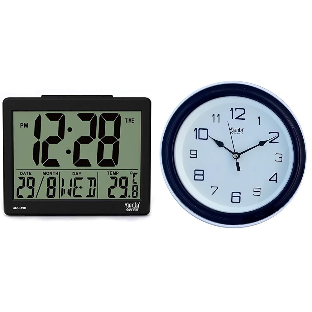 Ajanta Quartz Plastic Digital Alarm and Table Clock, (8 x 7 x 3.5 cm, Black, ODC 190) & Ajanta Plastic Abstract Theme Wall Clock (20.5 cm x 20.5 cm x 3.5 cm, Blue) (B0C99RJ328) Amazon Price History, Amazon Price Tracker