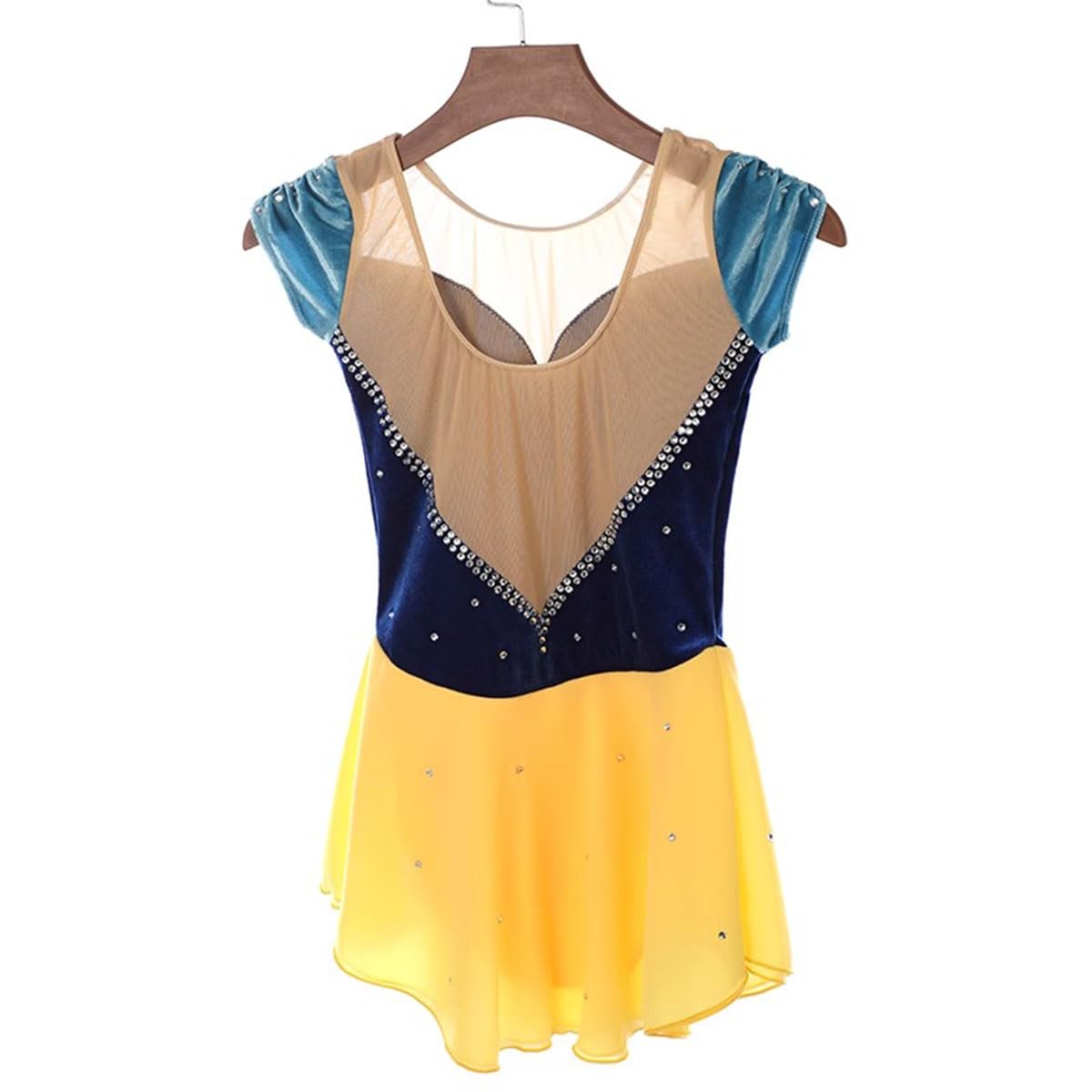 Vestido de Patinaje Artístico con Falda Tutu para Mujer Terciopelo Manga Corta Rhinestones Maillot De Danza Patinaje para Mujer Gimnasia Leotardos Ballet Danza Desgaste Traje,Amarillo,XXL