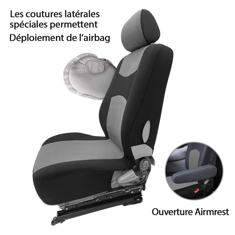 TOYOUN Housse de siège Voiture Universelle| Housse Siege camionnette | Housses de siège Avant Simple et Double | Conducteur et Double Passager 2 + 1, Noir et Gris