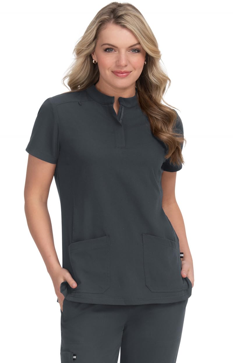 KOI Next Gen Driven Women's 4-Pocket Mandarin Collar Scrub Top, Charcoal, M