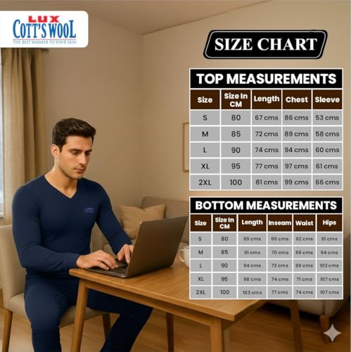 Image of Lux Cottswool Men's Cotton Thermal Set | Top & Bottom Body Warmer | V-Neck Winterwear | Full Sleeves & Snug Fit with Stay Warm Technology | Skin Friendly with Superior Heat Retention