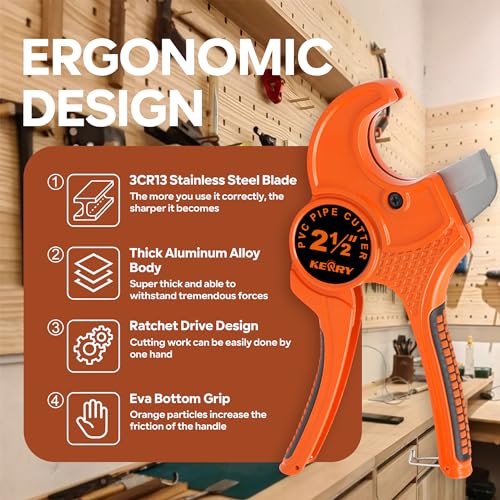 Kerry PVC Pipe Cutter, Up to 2-1/2" Ratcheting Heavy-Duty PEX POLY PE Plastic Hoses and Plumbing Tube Cutting Tool, Stainless Steel Blades, Thicken Aluminum Body Efficient Extended Handle - Image 5