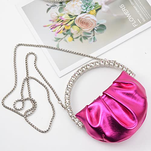 Celivelan Glitter Diamond Handle Bag Mini Circular Evening Crossbody Bag Pleated Bride Wedding Prom Hand Purses For Women (Hot Pink) #TOP2