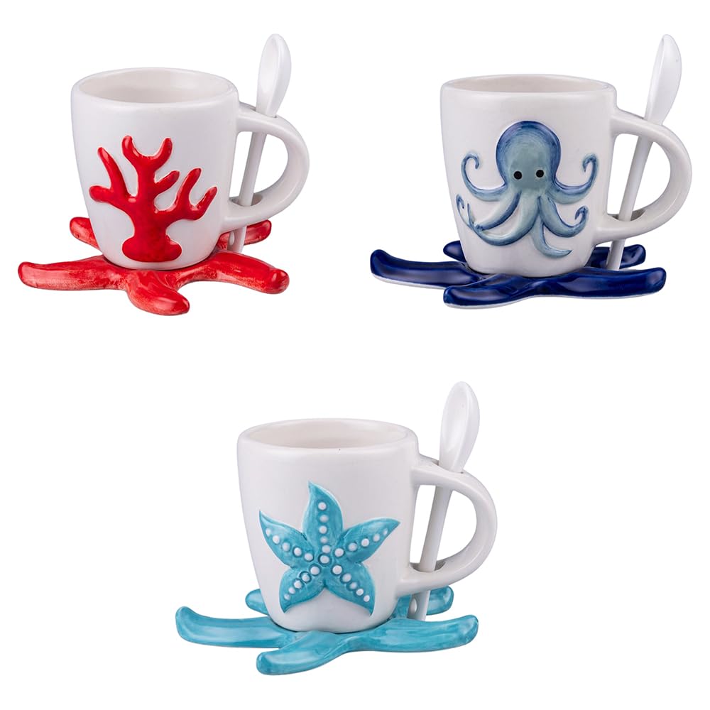 Set 6 Tazzina caffè 90 ml in ceramica con cucchiaino, decoro marino, Ocean