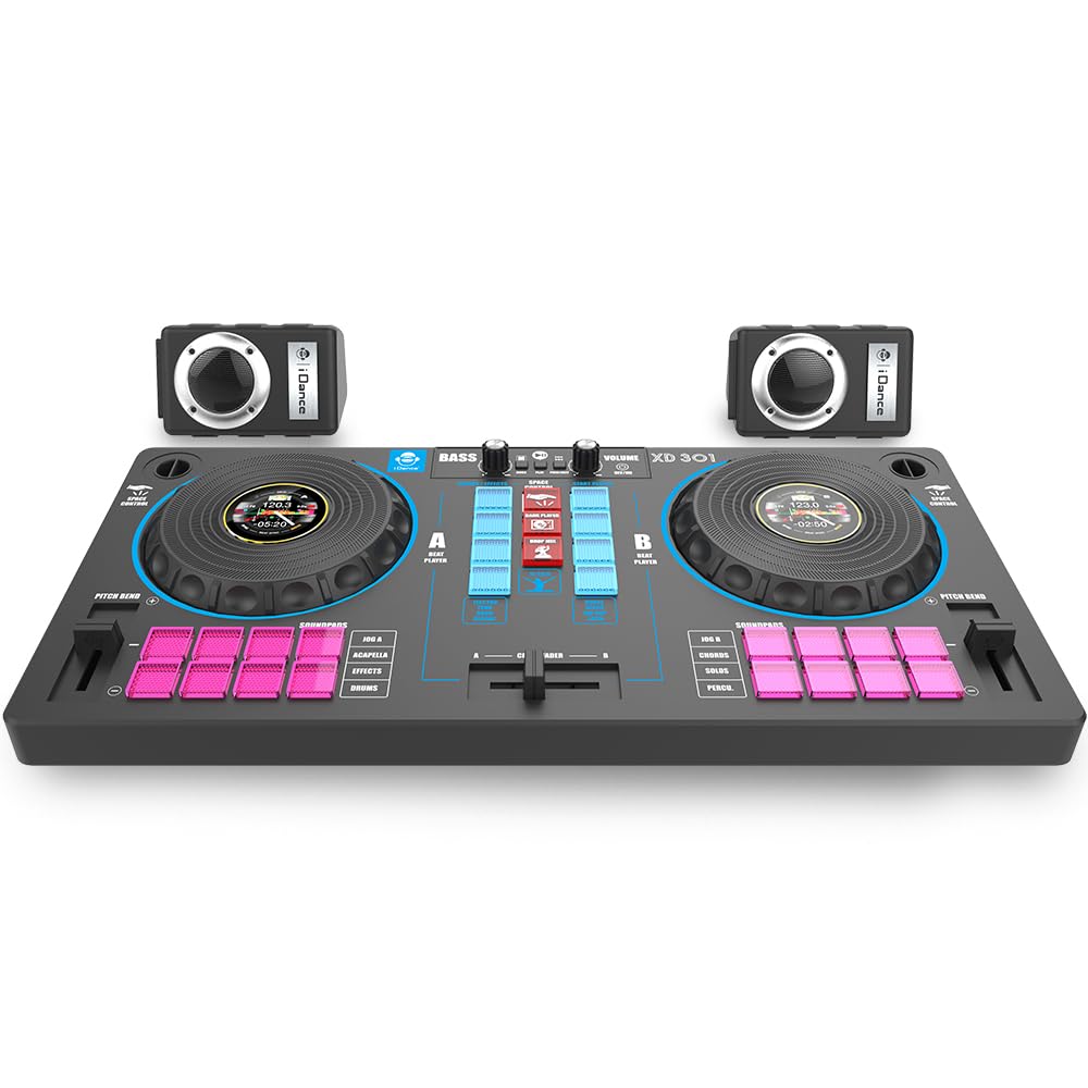 Cefa Toys Station de DJ portable avec haut-parleurs et contrôle spatial 14 en 1, avec tourne-disque, crossfader et plus de 144 combinaisons de Mix, comprend un lecteur Bluetooth et USB et une batterie