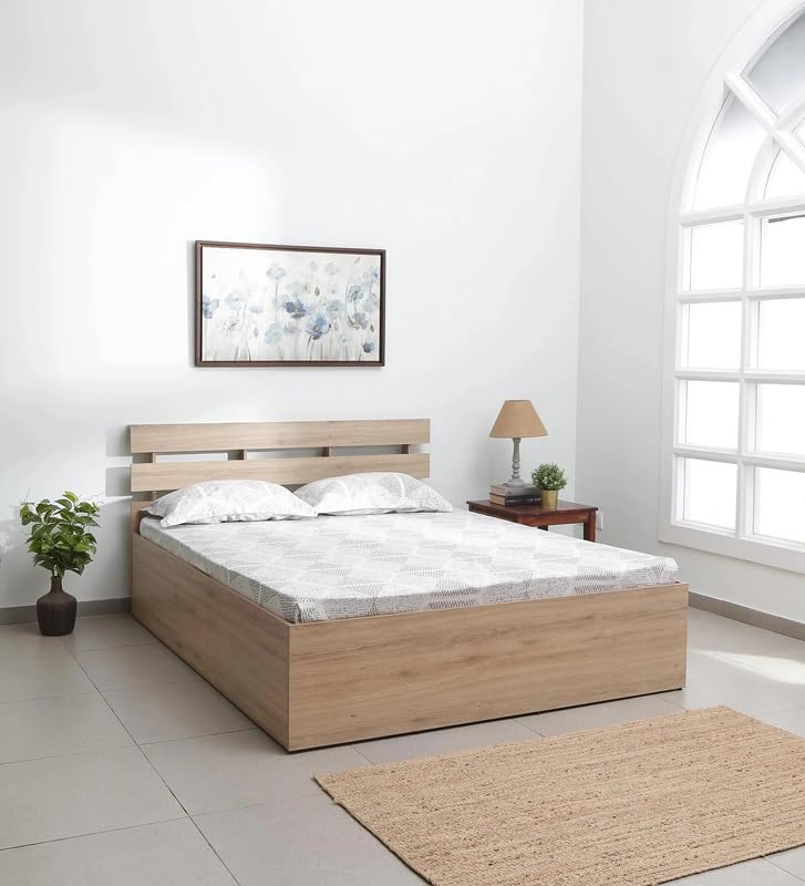 Image of Mintwud Pepperfry Engineered Wood Queen Size Bed with Box Storage | Wooden Double Bed Cot Palang Furniture with Headboard for Home Bedroom Living Room and Hotel (French Oak Finish)