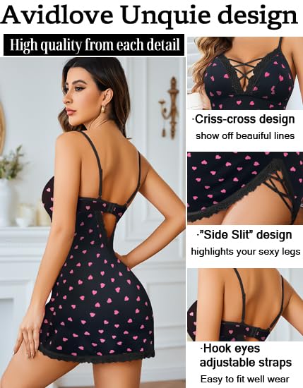 Avidlove Women Sexy Nightgown Lace Babydoll Chemises V-Neck Modal Sleepwear Full Slip Side Slit Sleep Dress XS-XXL