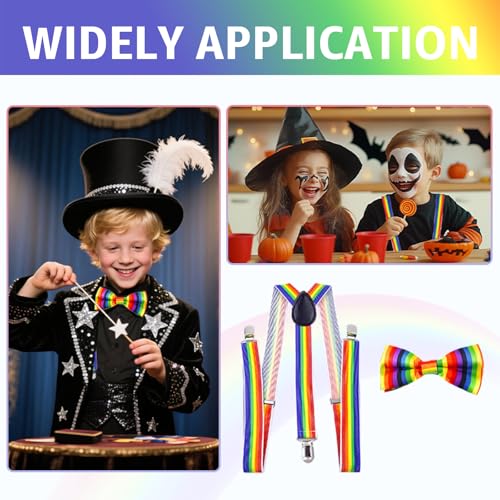 Lpolkvemelh 2 Stück Kinder Hosenträger Fliege Sets, Elastische Y-Form Hosenträger Verstellbar mit Regenbogen Streifen Accessoire für Arbeitshosen Skihose Motoradhose Fest lustig Jungen und Mädchen