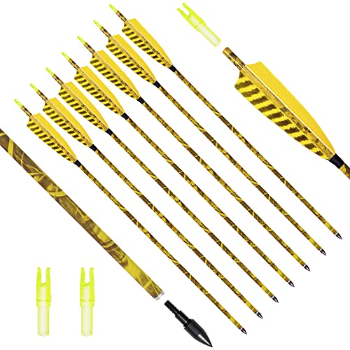 [6 Pack] ARCHERY SHARLY 31Inch Carbon Arrow Practice Hunting Arrows with 5 Camo Natural Feathers for Traditional Recurve Bow and Longbow