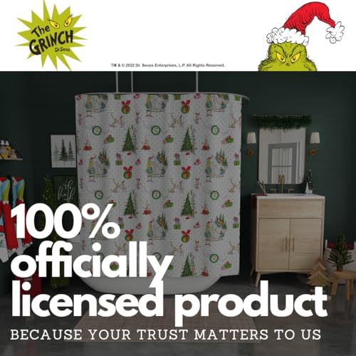 Image of Grinch Wrapping Paper Holiday Christmas 13-Piece Shower Curtain Set, 72 x 72 Inch Fabric Curtain with Hooks, Bathroom Decor, Machine Washable, (100% Officially Licensed Product) by Franco Collectibles