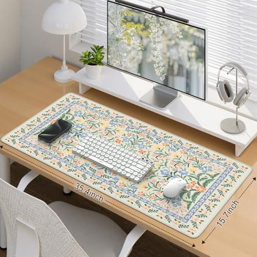 iCasso Desk Matt for Desktop, Desk Pad Mat, Green Floral Computer Mat for Keyboard and Mouse, XXL Large Mouse Pad, Anti-Slip Big Mousepad with Stitched Edges (Green) - Image 3