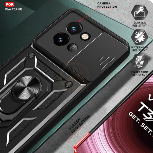Image of Armor Bumper Back Cover Case for Vivo T3X 5G Rotating Camera Cover, Ring Holder & Kickstand | Heavy Duty & 360 Degree Protection Vivo T3X 5G Back Cover (Black)