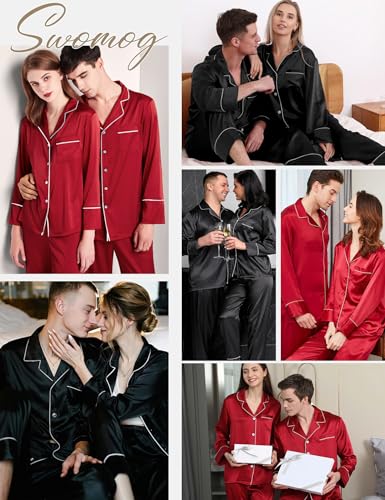 SWOMOG Couples Matching Pajamas Sets Women & Men Silk Satin Long Sleeve Button Down Sleepwear 2 Pcs Classic Loungewear4