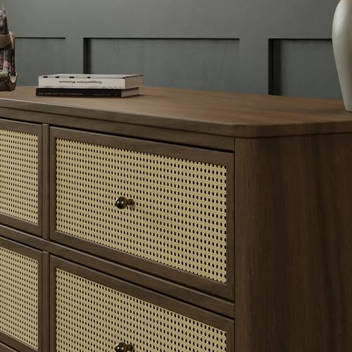 Namesake Marin with Cane 6 Drawer Dresser in Natural Walnut with Blonde Cane