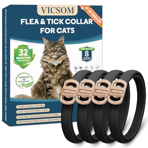 Flea Collar for Cats 4 Pack, 32 Months Flea and Tick Prevention for Cats Collar, Waterproof Cat Flea Collar, Natural Cat Flea and Tick Treatment Collar, Adjustable Flea Collar for Cat Kitten, Black