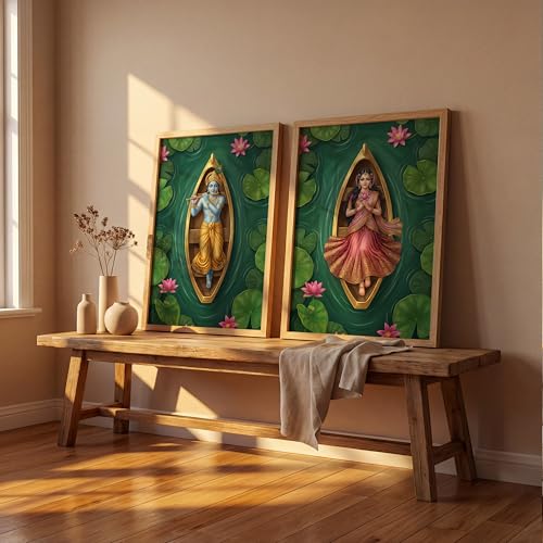 Image of Suneree Radha Krishna 3D Lotus Pond Wall Art Painting | Set of 2 Framed Paintings | Spiritual Indian Decor for Living Room Bedroom Pooja Room | (ART 9, 13x19 INCHES)