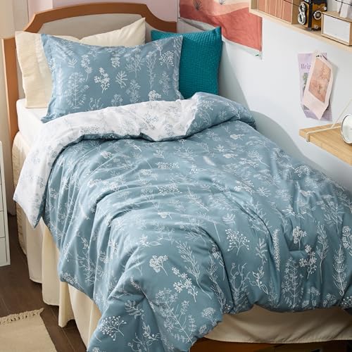 Image of Bedsure Twin /Twin XL Comforter Set - Mineral Blue Bed Set, 2 Pieces Cute Floral Bedding, 1 Soft Reversible Botanical Flowers Comforter and 1 Pillow Sham