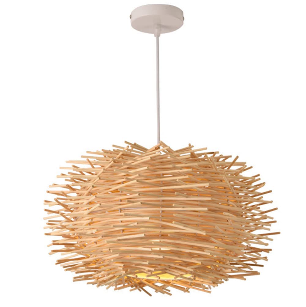 Lampada a Sospensione in Stile Cinese con Paralume Intrecciato a Nido d'uccello, Lanterna in Vimini Naturale, Finiture in Metallo Beige, Lampada a Sospensione Intrecciata a Mano per Isola Cucina
