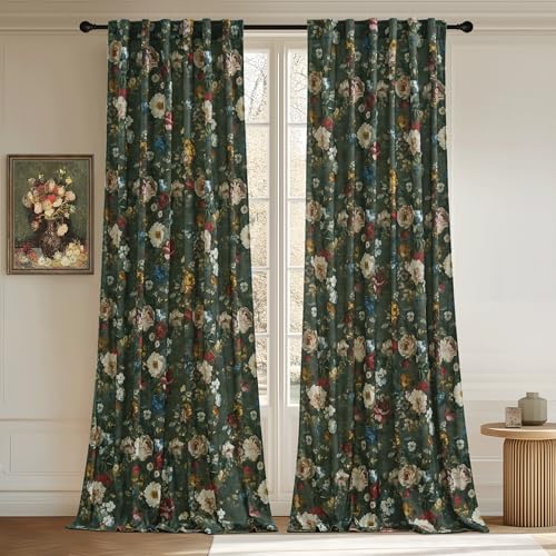 StangH Green Floral Curtains 84 inches Long, Vintage Flower Painting Printed Velvet Drapes Back Tab Thermal Insulated Gothic Classic Home Decor for Nursery, W52 x L84, 2 Panels