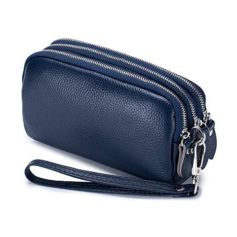 Women Long Wallet Genuine Leather 3-Layer Zipper Purse Bag Phone Bag Money Purses Clutch Wallets with Wrist Strap, Blue, Wrist Wallet Cover