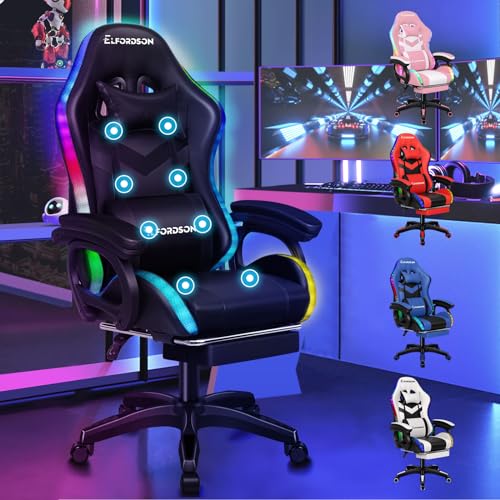 ELFORDSON Gaming Chair with 8-Point Massage LED Light, Computer Office Chair with Footrest 82cm High...