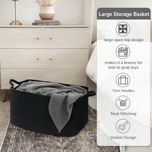 TIMEYARD Wäschekorb Geflochten, Wäschekorb Schwarz, Korb Geflochten, Aufbewahrungskorb für Baby Spielzeug, Square Laundry Baskets, Korb Aufbewahrung für Decken, kissen, Gästehandtuchkorb, 65L, Schwarz
