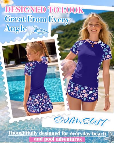 Image of Xaatren Girls 2 Piece Rash Guard Swimsuit | Quick Dry Bathing Suits, Short Sleeve Floral Beach Swimwear, Summer Tee and Boyshort Sets, Protection, Hawaiian, 7-16 Year