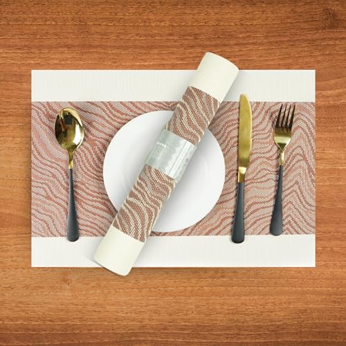 Image of Dining Table Placemats & Runner Set - Heat Resistant, Washable & Stain Resistant Woven Vinyl Mats | Table Runner & 6 Placemats Set for Stylish Dining (45x30 cm Placemats, 180x30 cm Runner)