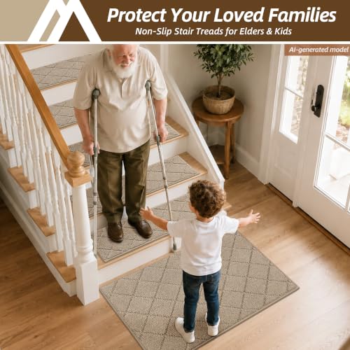 Image of COSY HOMEER Stair Landing Rug Non-Slip 20 inchx32 inch Stair Treads for Wooden Steps,Washable Peel and Stick Stair Treads Matching Mats,Pet Friendly Soft Reusable Stair Landing Mat for Kids and Elders,Beige