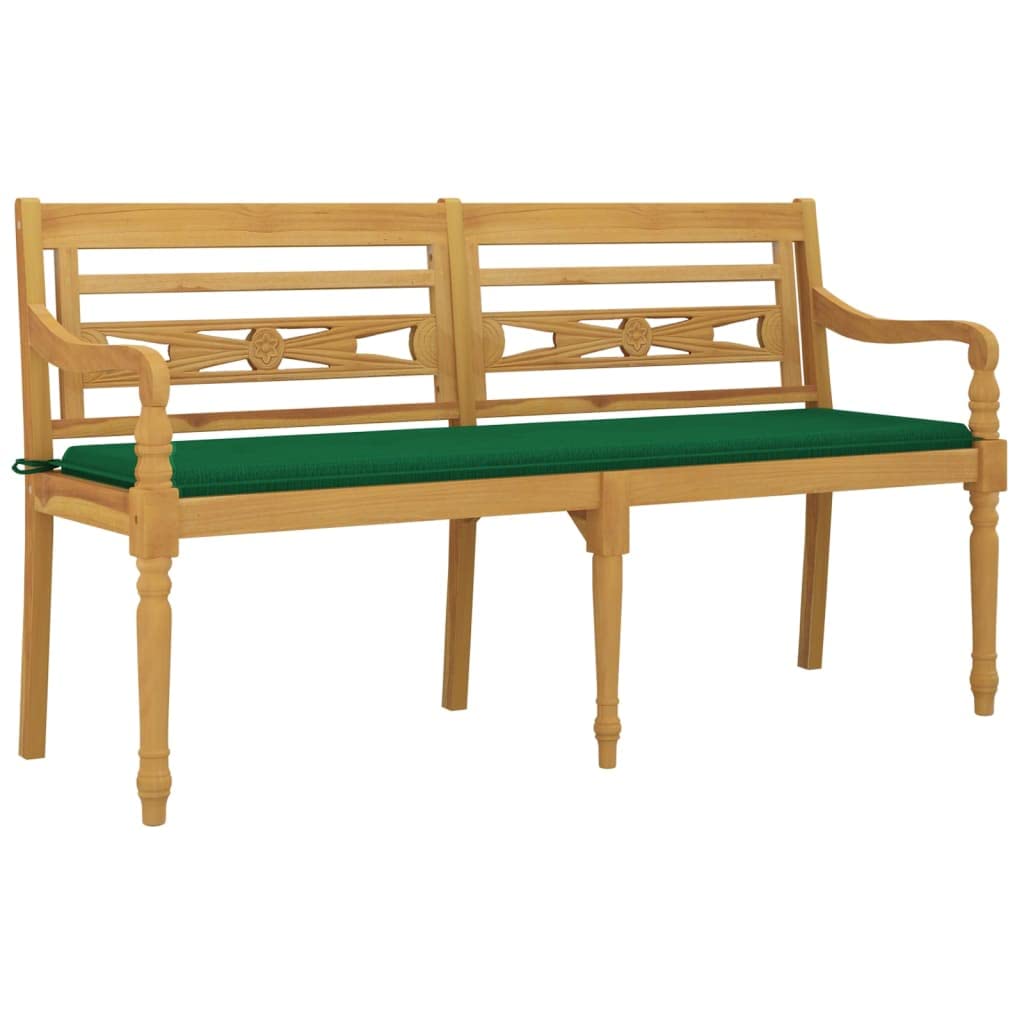 Banco de jardín Batavia de 150 cm con relleno verde de madera de teca maciza, material robusto para uso exterior, ahorra espacio para pequeños balcones y terrazas