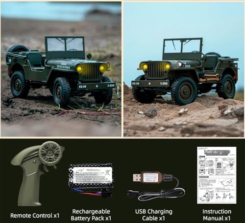 Image of 1:12 Remote Control Willys Military Car, 2.4GHz 4WD Off Road RC Rock Crawler with Rechargeable Battery, LED Lights, All Terrain Remote Control Car for Kids & Adults (Multicolor)