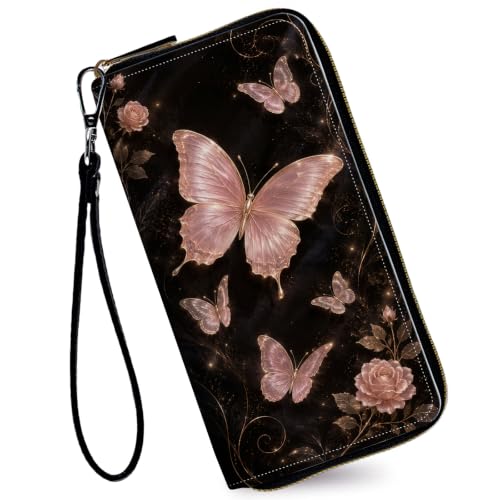 Image of Women's Wallets Credit Card Holder Money Leather Long Wallet | Long wallet with Wristlet,Large Capacity with Zip-Around Phone Purse for Women Ladies Girls,Gold Pink Butterfly