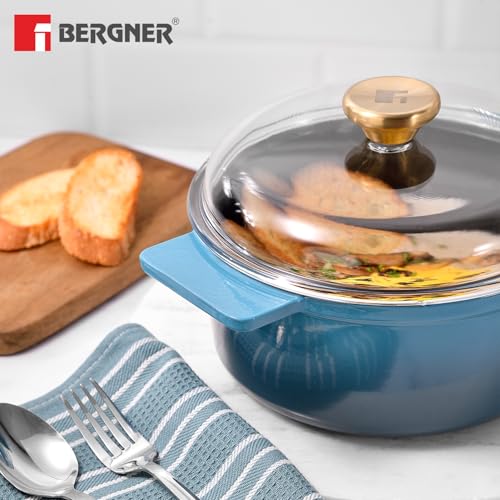 Image of Bergner Excalibur Lightweight Cast Iron Dutch Oven /Biryani Pot /Casserole with Glass Lid, 24cm /4L, Non-Stick Coating, PFAS Free, Elegant Design, Silicone Grips, Induction and Gas Stove Ready (Blue)
