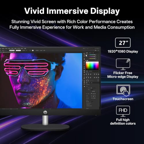 Image of HP 27 inch FHD Touchscreen Ultra 7 255U All-in-One Desktop, 16GB DDR5 512GB SSD | Wired Keyboard & Mouse, Wi-Fi 6, Copilot AI PC, Pop-up Privacy Camera, Windows 11 Pro, Bundle with 64GB Flash Drive