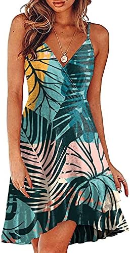Blczomt Hawaiian Sexy Dress for Women Spaghetti Straps Tropical Print Flowy Dress Summer Sleeveless Ruffle Hem Flare Sundress