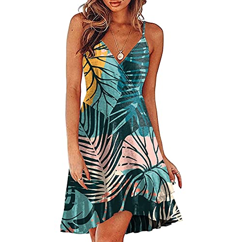 Blczomt Hawaiian Sexy Dress For Women Spaghetti Straps Tropical Print Flowy Dress Summer Sleeveless Ruffle Hem Flare Sundress #TOP1