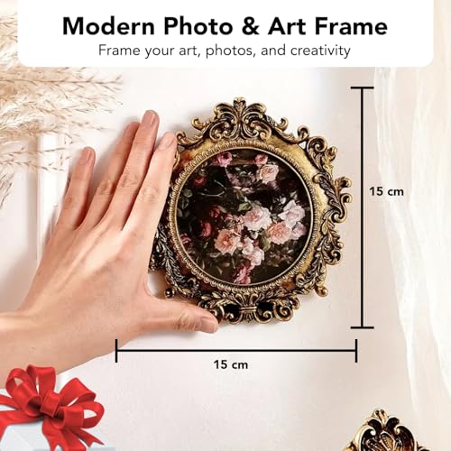 Image of Nostrae by Ekhasa Elegant Vintage Round Photo Frame with Glass | 3.5 Inch Resin Embossed Ornate Circular Picture Frame | Multi-Utility Table & Wall Use | Antique Style Frame Gift for Home Decor