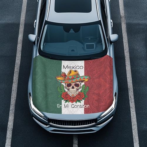 Image of Renewold Mexico Flag Skull Rose Car Hood Cover Hood Covers for Cars Decorative Wrap Blanket Women Men Automotive Exterior Accessories for Most Sedan Small SUV Truck Easy Install