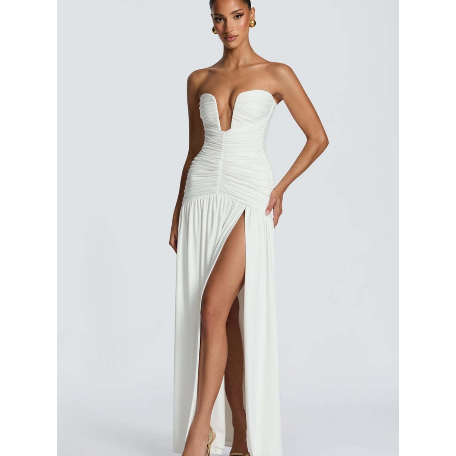 Vestito 2026 Donna Elegante Senza Spalline Piegato Maxi Abito, Profondo V-Collo Fuori Spalla Schienale Diviso Abito da Sera per La Festa-Coffee-XL