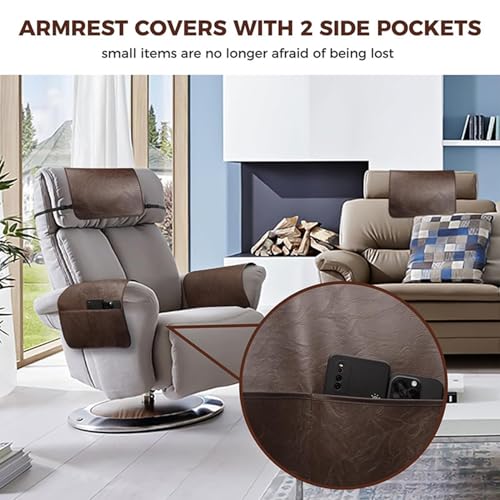 Protector de reposacabezas de piel para sillón reclinable con bolsillos laterales 4