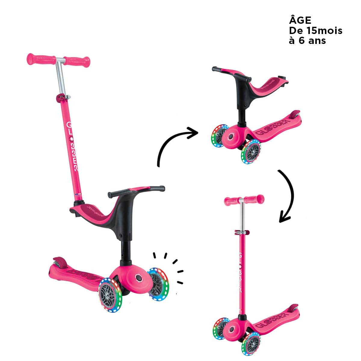 Globber - GO•UP Sporty Lights - Trottinette évolutive 3 Roues avec siège, pour Les Enfants de 15 Mois à 6 Ans, Rose