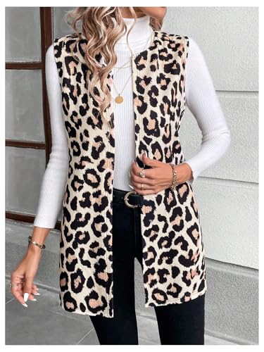 MakeMeChic Women's Leopard Print Open Front Vest Outerwear Sleeveless Vintage Jacket Coat3