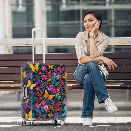 Image of Vibrant Butterfly and Floral Luggage Cover - Colorful Suitcase Protector for 20 to 22 Inch Luggage - Stretch Travel Cover with Nature-Inspired Design,S