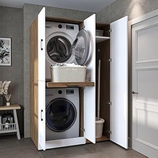 ROOMART Dora - Armoire de machine à laver - Blanc - Chêne - En 3 couleurs - Avec portes et panneau coulissant