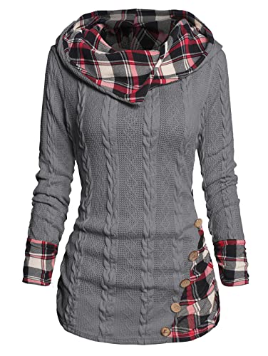 Image of ZEZCLO Women's Twisted Cable Knit Plaid Print Hooded Sweater Mock Button Ruched Shawl Neck Knit Top